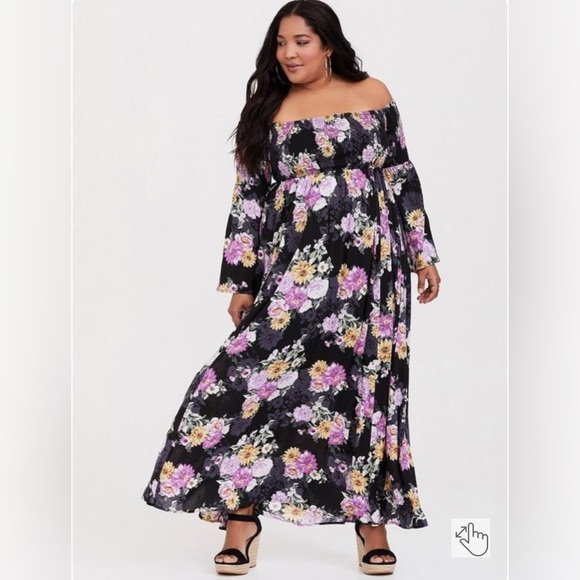NWT Torrid Black Floral Challis off shoulder maxi dress bell sleeve smocked 2x - Picture 1 of 4